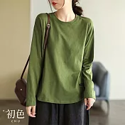 【初色】休閒圓領落肩長袖寬鬆純色Ｔ恤上衣-共6色-30809(M-2XL可選) XL 綠色