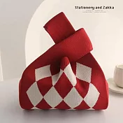 針織手挽袋| 紅底菱格