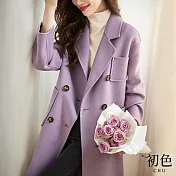 【初色】文藝簡約襯衫領雙排釦顯瘦休閒中長款毛呢大衣外套-共2色-30968(M-2XL可選) L 紫色