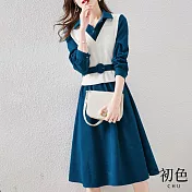 【初色】簡約風假兩件A字洋裝-藍色-90827(M-2XL可選) M 藍色