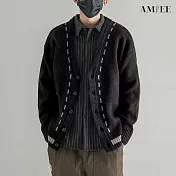 【AMIEE】文青V領虛線排扣針織衫(男裝/KDCQ-B108) L 黑色