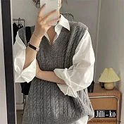 【Jilli~ko】韓風V領麻花寬鬆疊穿針織馬甲毛衣 J11062  FREE 灰色