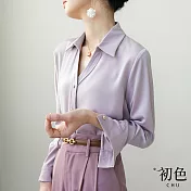 【初色】翻領素色寬鬆單排扣顯瘦長袖襯衫上衣-共2色-31003(M-2XL可選) L 紫色