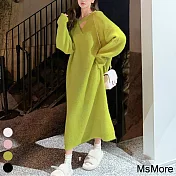 【MsMore】 連身裙時尚慵懶網長袖針織氣質顯白寬鬆長版洋裝# 119465 FREE 綠色