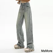 【MsMore】 美式復古高街做舊牛仔褲高腰顯瘦闊腿褲直筒褲拖地長褲# 119692 S 藍色