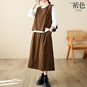 【初色】秋季復古造型寬鬆無袖馬甲背心+顯瘦A字半身裙兩件套裝-共3色-31182(M-2XL可選) 2XL 咖啡色