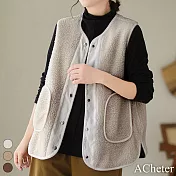 【ACheter】 雙面穿羊羔毛復古文藝寬鬆無袖燈芯絨短版背心外套# 119876 XL 米白色