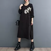【ACheter】 韓版花朵百搭發熱保暖長袖針織毛衣松落肩長袖連身裙長版洋裝# 119906 FREE 黑色