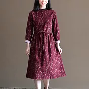 【ACheter】 森系印花立領寬鬆長袖長版收腰棉麻感連身裙洋裝# 119912 M 酒紅色