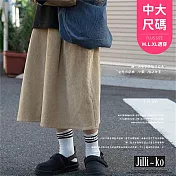 【Jilli~ko】日系口袋文藝復古燈芯絨寬鬆大襬A字裙中大尺碼 J11159 FREE 卡其