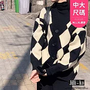 【Jilli~ko】韓版復古毛衣菱格慵懶風針織開衫外套中大尺碼 J11161  FREE 黑色