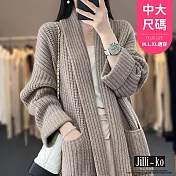 【Jilli~ko】慵懶風寬鬆毛線開襟長袖針織外套中大尺碼 J11162 FREE 卡其