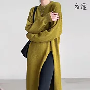 [衣途]慵懶風長版開衩毛衣洋裝FREE(KDDQ-B462) F 芥綠