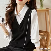 【MsMore】 假兩件拼接襯衫優雅長袖飄帶寬鬆短版上衣# 119925 2XL 黑白色