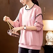 【MsMore】 圓領時尚氣質長袖減齡大碼寬鬆短版上衣# 119946 L 粉紅色