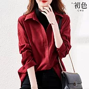 【初色】簡約寬鬆落肩長袖純色翻領襯衫上衣-紅色-91223(M-2XL可選) XL 紅色
