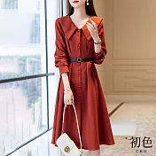 【初色】大翻領腰帶收腰顯瘦單排扣長袖連身裙洋裝-橘紅色-31281(M-2XL可選) M 橘紅色