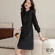 【初色】小香風毛呢翻領拼接假兩件長袖單排釦連衣裙洋裝-黑色-31330(M-2XL可選) L 黑色