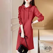 【初色】素色單口袋直筒寬鬆遮肉長袖連身裙洋裝-紅色-31279(M-2XL可選) M 紅色