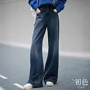 【初色】寬鬆遮肉高腰直筒休閒牛仔口袋闊腿長褲-藍色-31335(M-XL可選) M 藍色