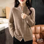 【初色】純色保暖半高領長袖口袋雙頭拉鍊寬鬆毛衣針織外套-共4色-31324(F可選) F 駝色
