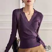 【初色】V領系帶收腰顯瘦修身長袖針織衫上衣-共5色-31288(F可選) F 紫色