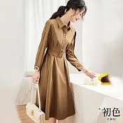 【初色】翻領襯衫領純色長袖中長裙收腰連身洋裝-咖色-31302(M-2XL可選) L 咖色