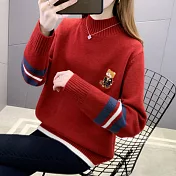 【MsMore】 小熊刺繡半高領毛衣寬鬆百搭長袖針織衫短版上衣厚# 119508 FREE 紅色