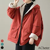 【ACheter】 兩面穿羊羔絨文藝復古大碼寬鬆長袖連帽保暖中長外套# 119902 XL 紅色