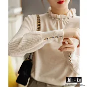 【Jilli~ko】木耳邊珠鑽造型領螺紋袖口針織衫 J11174 FREE 杏色