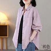 【初色】素色翻領開衫縫線裝飾寬鬆顯瘦落肩袖長袖外套-共3色-31541(M-2XL可選) 2XL 粉色