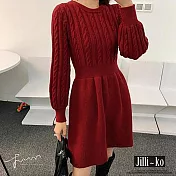 【Jilli~ko】韓版麻花針織拼接連衣裙女收腰顯瘦裙 J11193  FREE 紅色