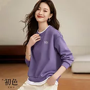 【初色】假兩件拚色層次感圓領長袖加絨T恤上衣-紫色-31496(M-2XL可選) 2XL 紫色