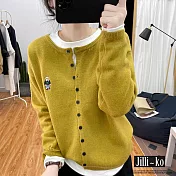 【Jilli~ko】刺繡小熊針織開衫女圓領長袖毛衣軟糯外套 J11225  FREE 黃色