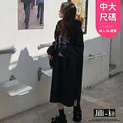 【Jilli~ko】慵懶風長袖休閒連帽連衣裙女大學T英文印花中大尺碼 J11214 FREE 黑色