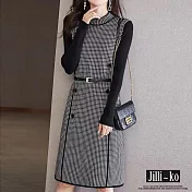 【Jilli~ko】長袖針織連衣裙女高級感氣質千鳥格中長款 J11190  FREE 黑色