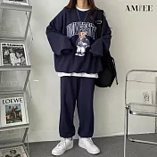 【AMIEE】韓系USA棉質休閒運動2件套裝(3色/M-3XL/KDAQ-8130) 3XL 藏藍