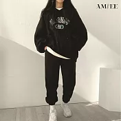 【AMIEE】韓系字母棉質休閒帽T2件套裝(3色/M-2XL/KDAQ-015) M 黑色
