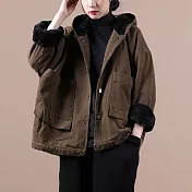 【ACheter】 復古韓版寬鬆連帽絨短款工裝長袖保暖外套# 120054 XL 卡其色