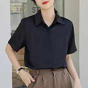 【MsMore】 緞面襯衫時尚洋氣高端上衣職業短袖短版# 120165 M 黑色