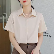 【MsMore】 緞面襯衫時尚洋氣高端上衣職業短袖短版# 120165 L 杏色
