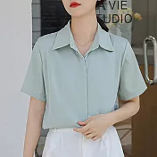 【MsMore】 緞面襯衫時尚洋氣高端上衣職業短袖短版# 120165 M 綠色