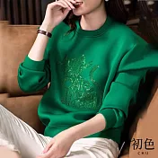【初色】圓領刺繡文字珠片設計長袖T恤上衣-共3色-31503(M-2XL可選) L 綠色