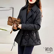 【初色】翻領菱格系帶收腰顯瘦保暖科技羽絨棉外套-黑色-31384(M-2XL可選) M 黑色
