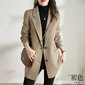 【初色】韓系翻領排釦長袖中長版防風外套毛呢大衣女上衣-5款任選-31083(M-2XL可選) M E.黑色