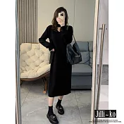 【Jilli~ko】高級感頸帶V領連衣裙氣質百搭針織毛衣裙子 J11228  FREE 黑色