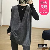 【Jilli~ko】深V領針織馬甲女中長款百搭毛衣背心中大尺碼 J11151  FREE 灰色