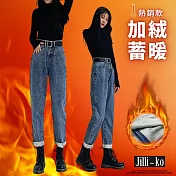 【Jilli~ko】加絨加厚牛仔褲女高腰保暖直筒老爹哈倫褲 M-2XL J11052 M 藍色