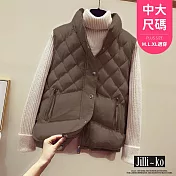 【Jilli~ko】菱形格立領口袋開扣夾棉背心女中大尺碼 J11208  FREE 咖色