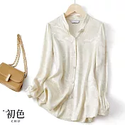 【初色】復古風提花立領中式盤釦寬鬆長袖襯衫上衣-米白色-31347(M-2XL可選) 2XL 米白色